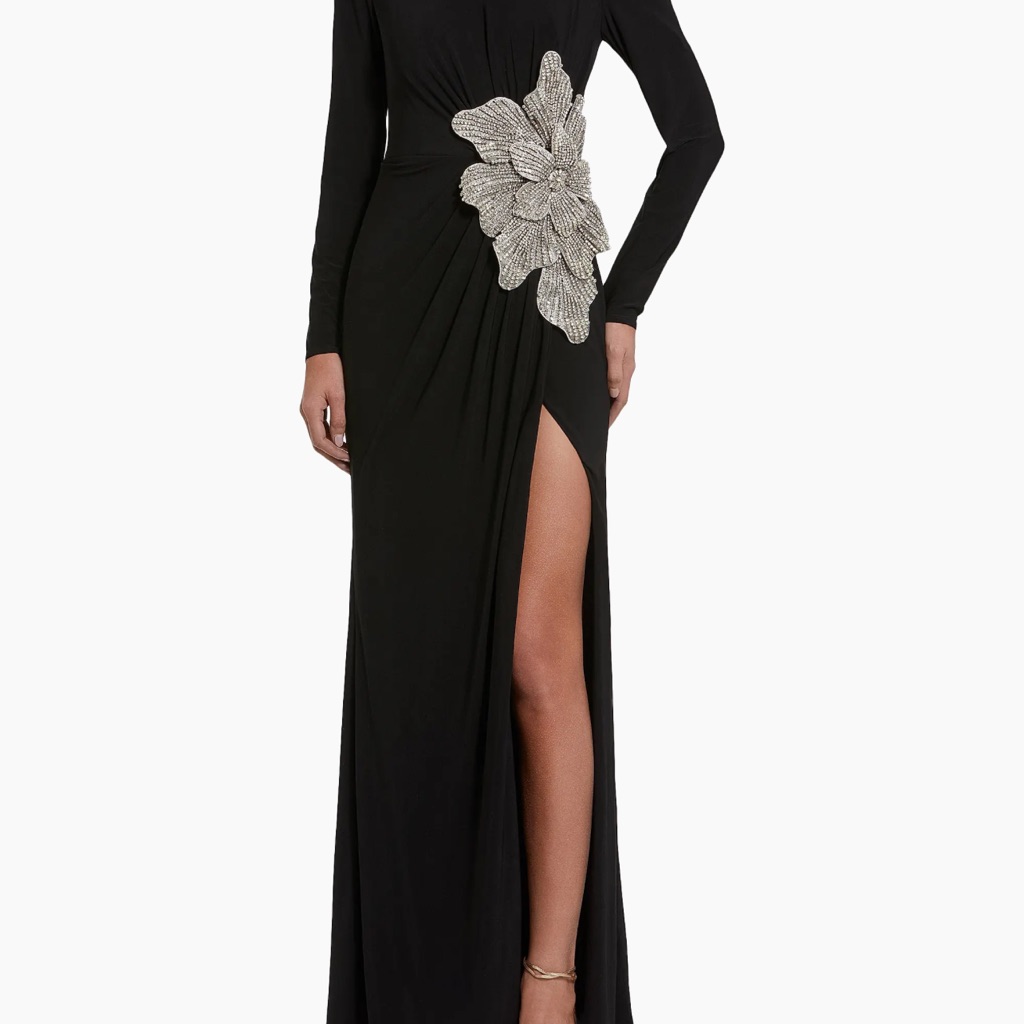 Mac Duggal Black Long-Sleeve Gown With Silver Floral Appliqu